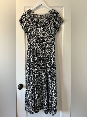 Nicole Miller Tropical Print Linen Blend Black & White Maxi Dress Size M